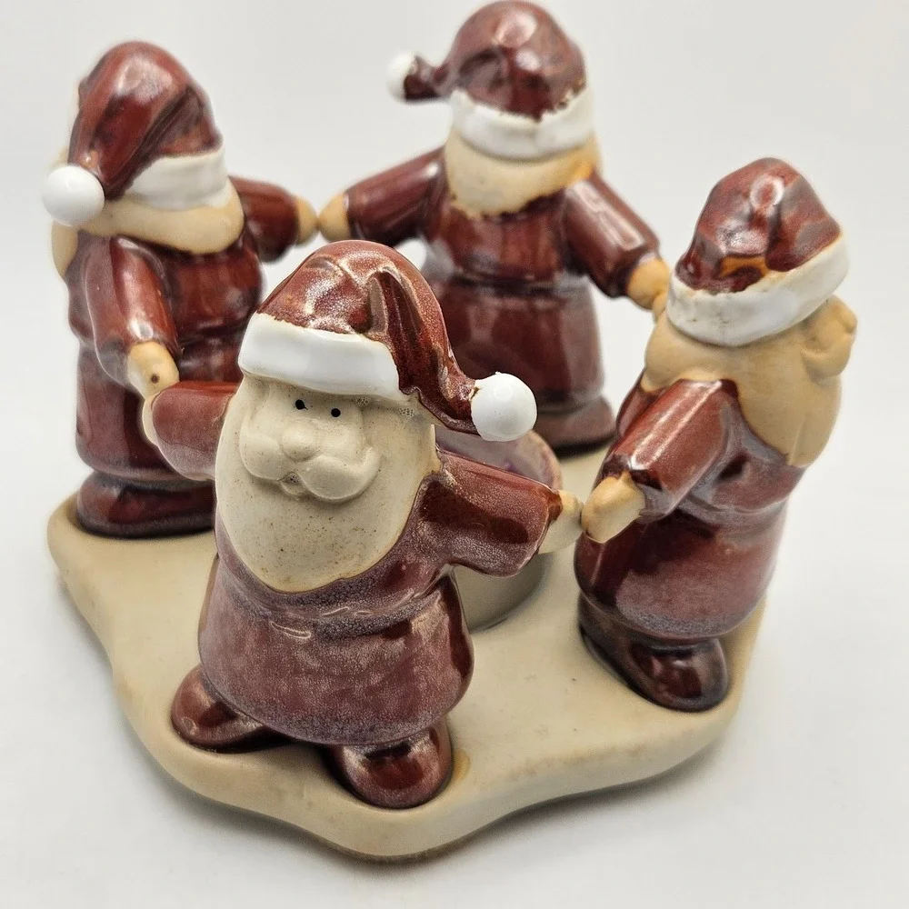 Vintage Santa Tea Light Holder Ceramic 4 Dancing Santas Christmas Decor w/ Box